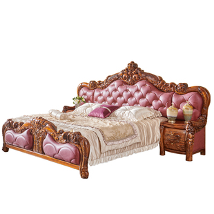 欧式乌金木双人真皮床新中式大户型卧室实木2米带储物床头柜大床