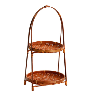 竹编手提竹篮双层茶点盘多层水果盘干果篮提篮手工吊篮茶道竹盘