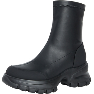 百田森早秋弹力靴女新款厚底袜子靴粗跟显瘦白色休闲短靴子