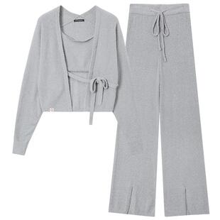 从轻闪闪家居服三件套装绒感女开衫红色睡衣秋冬保暖熊猫绒可外穿