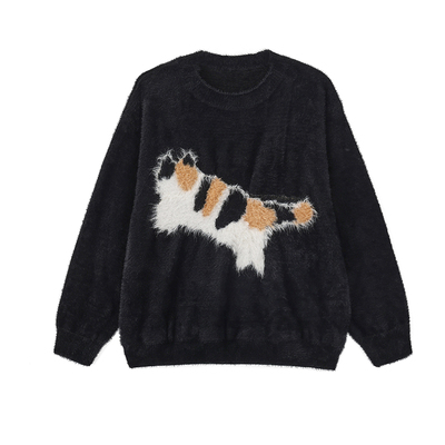 JfYanYan三花猫长毛提花黑色毛衣