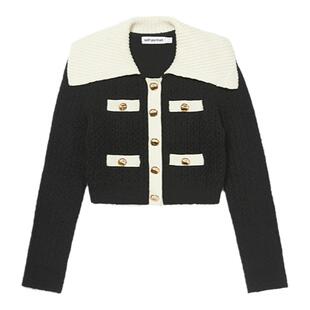 self-portrait 秋冬黑撞白通勤小香风翻领针织外套开衫