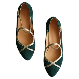 奈里法式复古优雅民国绿低跟大码旗袍单鞋杏仁头交叉带酒杯跟单鞋