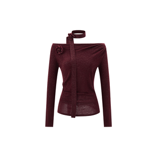 MELINDA LI【花艺师】复古金葱细闪立体花朵飘带一字领修身毛衣