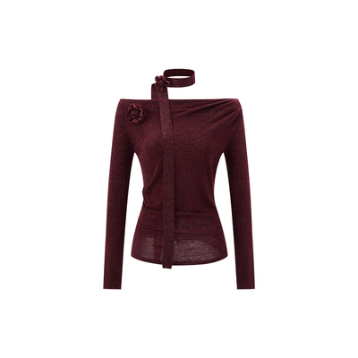 MELINDA LI【花艺师】复古金葱细闪立体花朵飘带一字领修身毛衣