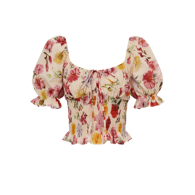 DPLAY2026年夏季新款红色印花小衫女方领泡泡袖时尚洋气短款上衣