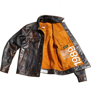 无里衬手工擦旧茶芯马皮代工出口外贸原版西部牛仔真皮衣男皮夹克