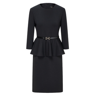 Scofield女装典雅荷叶边假两件连衣裙圆领七分袖裙子2025秋冬新品