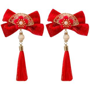 新年儿童发夹女童过年头饰古风汉服发卡蝴蝶结发饰中国风红色夹子