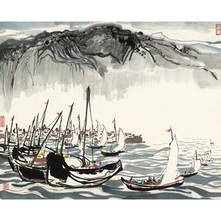 吴冠中国画苍山洱海横幅水墨画写意山水画真迹复制画微喷宣纸画芯