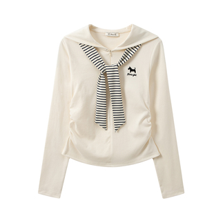 奶油的宇宙 条纹绑带海军领半拉链长袖上衣女日系学院风修身内搭