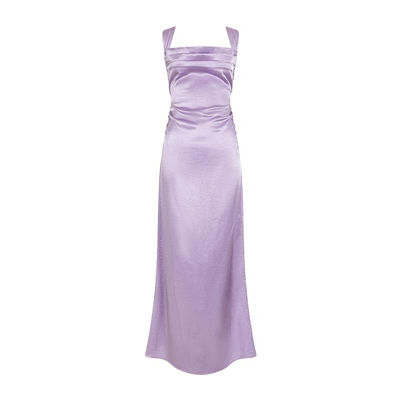 ROSYROKH原创轻奢晨袍缎面晚宴订婚礼服敬酒服紫色红色露背连衣裙