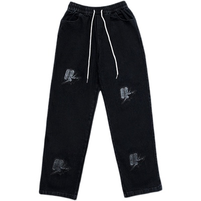 烦恼的Octopusl美式星星皮标牛仔裤加绒宽松街头秋冬直筒长裤子男