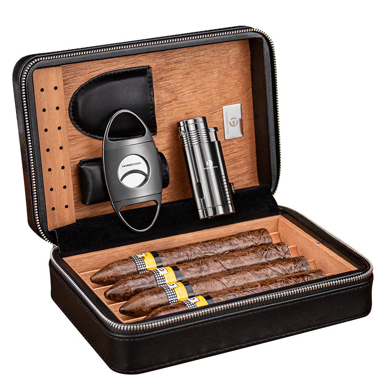 汉尼库克便携雪茄保湿盒雪松木旅行包便携随身雪茄盒保湿套装工具