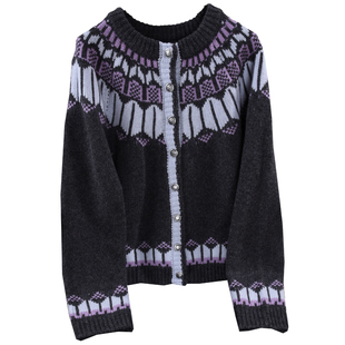 DIGBUTY复古像素'费尔岛毛织外套加厚全羊毛开衫女慵懒冬季新款