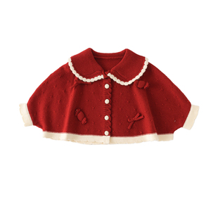 女童毛衣开衫秋冬季2025新款儿童红色斗篷上衣宝宝秋装针织衫外套