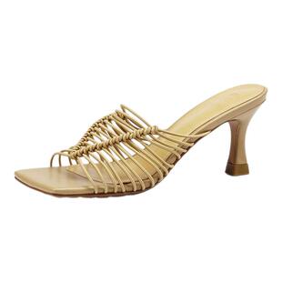 SHERO牧野 法式优雅细高跟凉拖鞋方头编织一字拖鞋女夏外穿白色