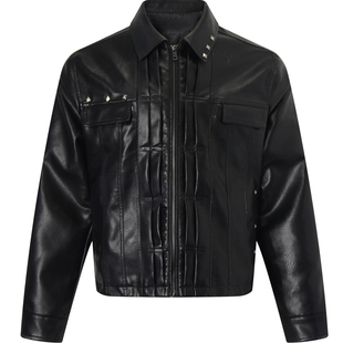 PunkFK环保皮革抽褶百叶铆钉皮衣皮夹克外套仿牛皮蛋白质皮重工