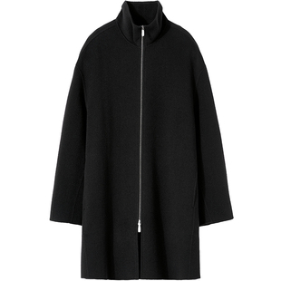 石见山桑蚕丝羊驼毛羊毛双面呢长款大衣男士呢子拉链立领毛呢外套