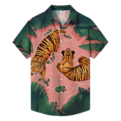 老虎3D数码印花短袖衬衫男