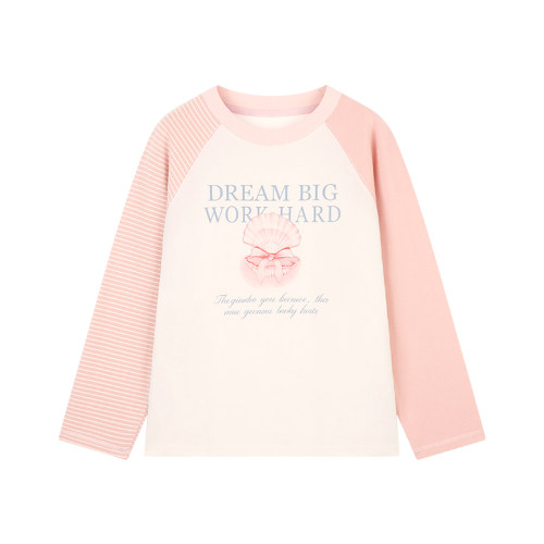 Amybaby女童上衣秋季2026新款韩系百搭条纹卡通印花长袖套头t恤