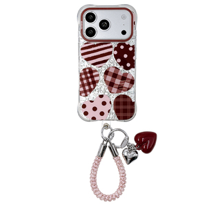 kaia 甜系条纹波点爱心适用苹果18promax手机壳iphone17pro新款镭射16带链条15p女18pm全包17双层防摔手机套