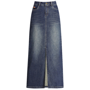 牛仔长裙女2024秋季新款高腰显瘦中长款半身裙前面开叉包臀a字裙