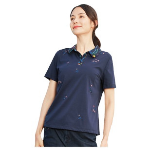 葵牌新款女装妈妈装翻领短袖T恤绣花针织衫夏季上衣女设计感修身