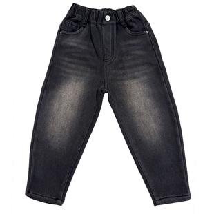 男童加绒牛仔裤子黑灰潮流阔腿2025冬季厚新品宝宝小中大儿童长裤