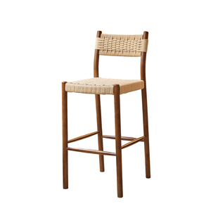 绳编酒吧凳实木吧椅家用高脚椅轻奢酒吧餐厅岛台椅绳藤织靠背餐椅