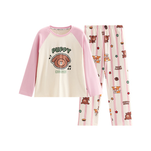 芬腾情侣睡衣春秋季纯棉长袖套装女士可爱布朗熊男款抗静电家居服