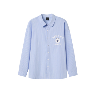 韦恩泽维尔加肥加大宽松大码翻领卡通印花条纹长袖休闲衬衫男9024