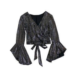 秋冬新款复古百搭V领闪闪亮片喇叭袖打底衫显瘦短款衬衫上衣女