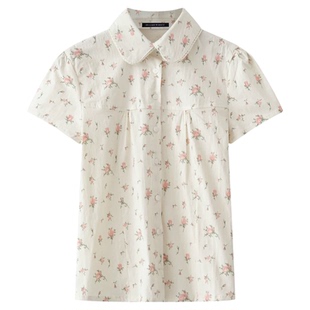 BM田园风印花宝藏上衣 乖乖娃娃领纽扣开衫粉色夏季短袖碎花衬衫