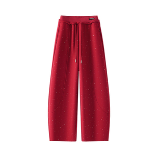 轻奢满天星弯刀裤女秋冬新款高腰显瘦宽松休闲阔腿裤加绒红色卫裤