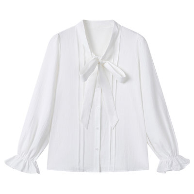 弥古法式蝴蝶结白色衬衫女秋冬内搭纯棉衬衣2025新款打底长袖上衣