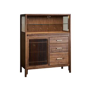 南家新中式茶室边柜置物柜北美黑胡桃木边柜展示柜茶桌茶柜收纳柜