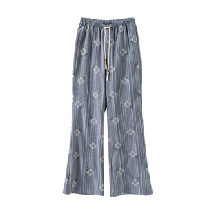 popchrio◆复古条纹刺绣微喇休闲裤松紧高腰垂坠感遛弯长裤子女夏