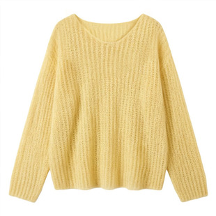 2026春款上新慵懒黄色V领镂空针织衫女装软糯马海毛长袖百搭上衣