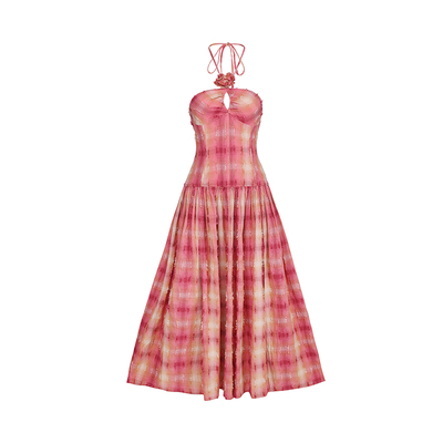 PynkiSwear 落日余晖复古格纹抹胸连衣裙挂脖花朵海边度假长裙