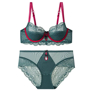 M.B欧美撞色超薄透明双排扣性感蕾丝内衣内裤大胸显小文胸套薄棉