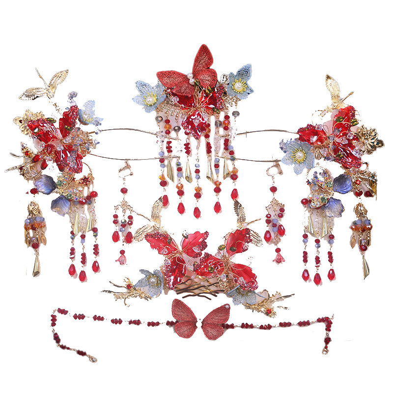 中式新娘水晶复古红色造液花发钗汉服头饰传统古装秀禾手工发饰品