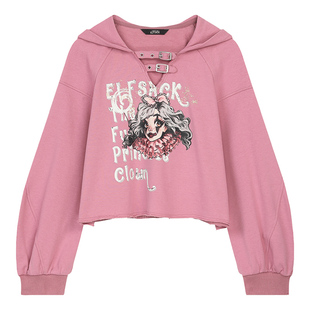 妖精的口袋粉色连帽印花短款卫衣女2026年早春新款小个子减龄上衣