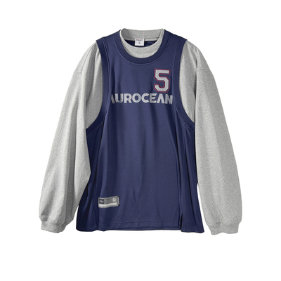 Aurocean 假两件球衣T恤 复古运动做旧贴布绣藏青色长袖t