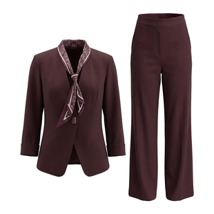 马天奴2026春夏新款女V领西装外套直筒裤子围巾三件套装通勤时尚