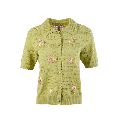 渔牌女装针织衫女2025新款开衫翻领中式绣花休闲短款上衣FGHB3605