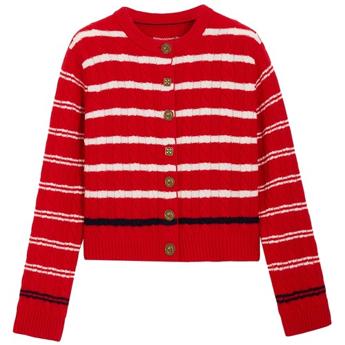 【马踏春风】LANCY/朗姿2026春季新款纯羊毛复古条纹短针织开衫女