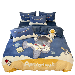 加厚牛奶绒被套冬季加绒宇航员儿童被罩单件男孩卡通珊瑚绒四件套