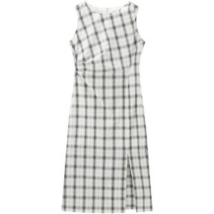 太平鸟女装夏季纯棉高腰显瘦格纹无袖连衣裙A字裙A1FAF2744