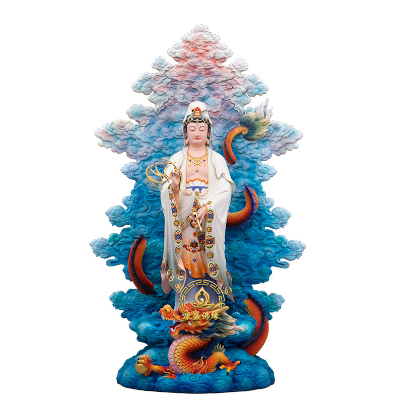 站龙观音菩萨佛像铜彩工艺摆件